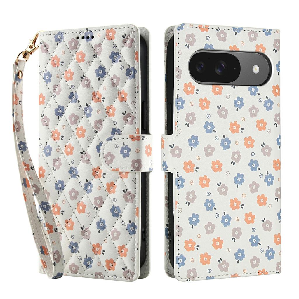 Wallet Case for Google Pixel 10 Pro/10/9 Pro/9 Rhombic Floral Design Leather Flip Phone Cover with Strap