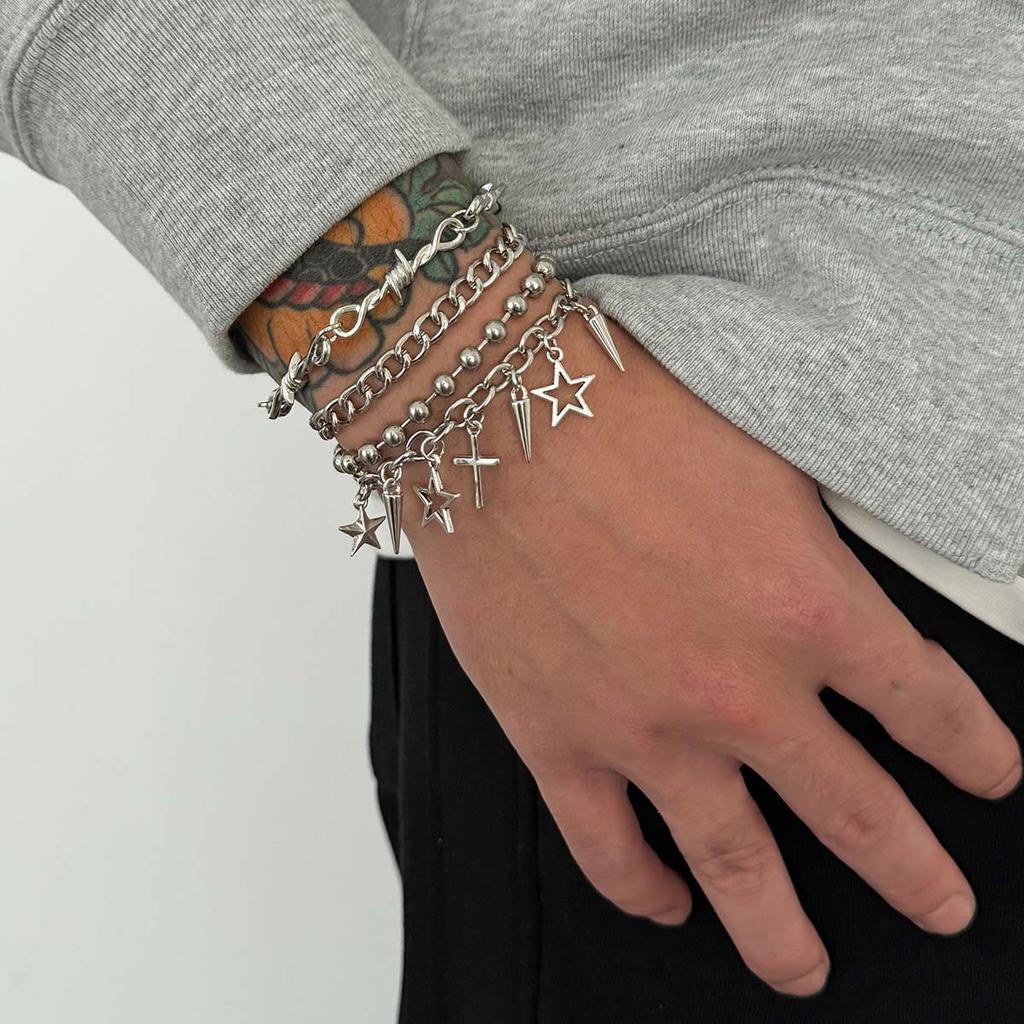 4Pcs/Set Punk Cross Rivet Star Pendant Bracelet for Men Women Hiphop Multi-Layer Cuban Chain Bracelet Set Jewelry Gifts