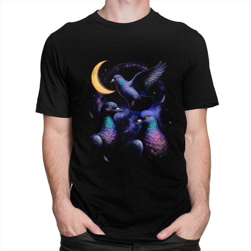 Male Cosmic Pigeons Under The Crescent Moon T Shirt Pure Cotton Colthing Fashion Casual Design Graphic Tees Shirt