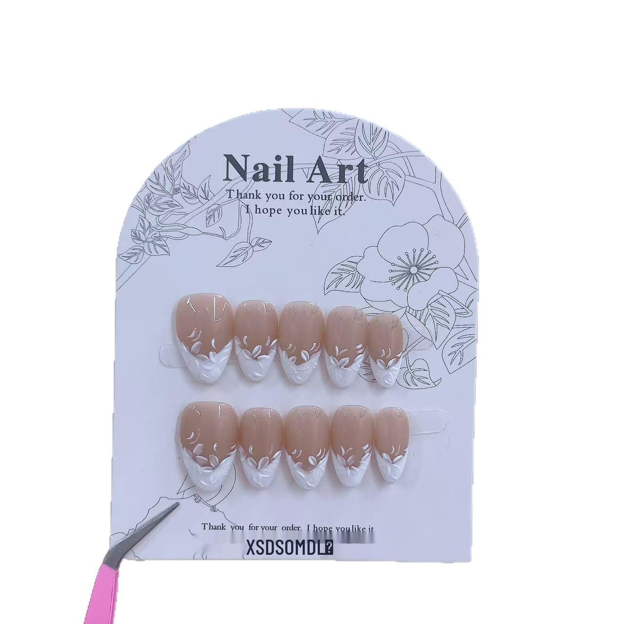 Jia Zhi Mu Hand-Painted White French Tip Feather Nail Art Stickers - Short Almond Fake Nails Medium