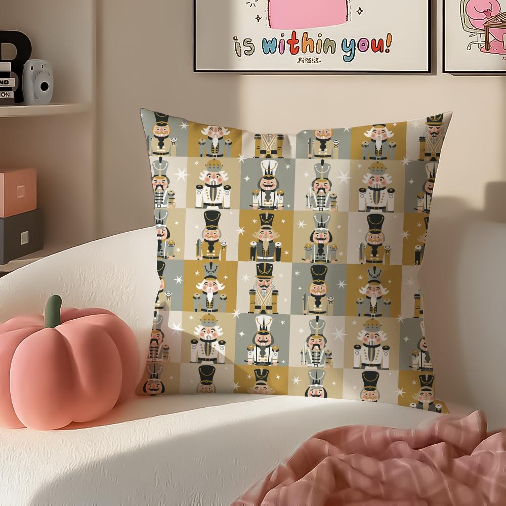Festive Classic Nordic Toy NNutcracker Cushion Cover Pillowcase Short Plush Invisible Zipper Room Sofa Cushion Cover