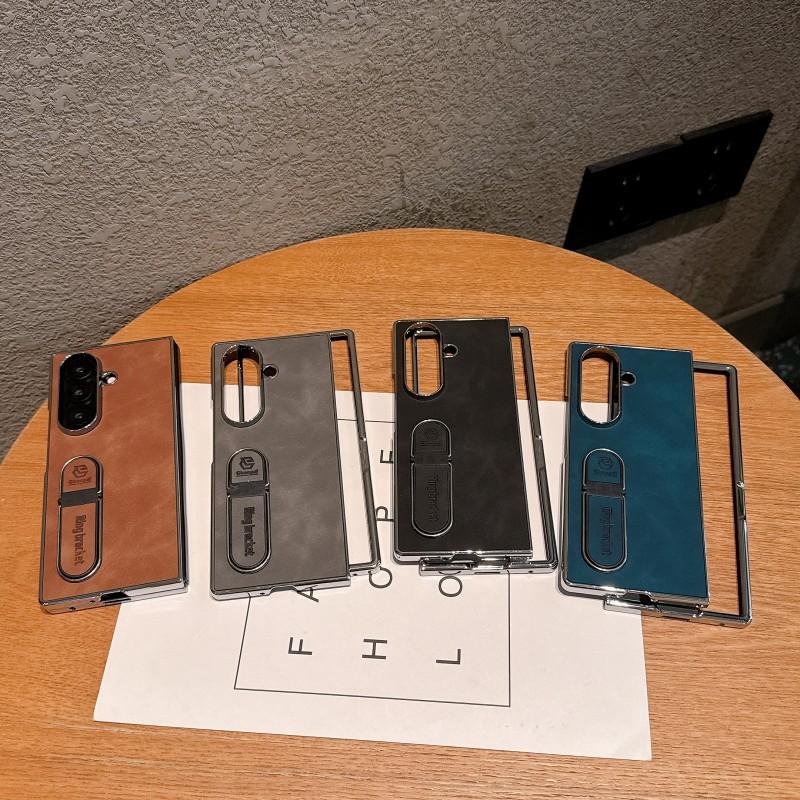 For Samsung Galaxy Z Fold 8 7 6 5 4 3 Phone Case, Skin-like Feel, Electroplated PC Leather, Finger Ring Stand,