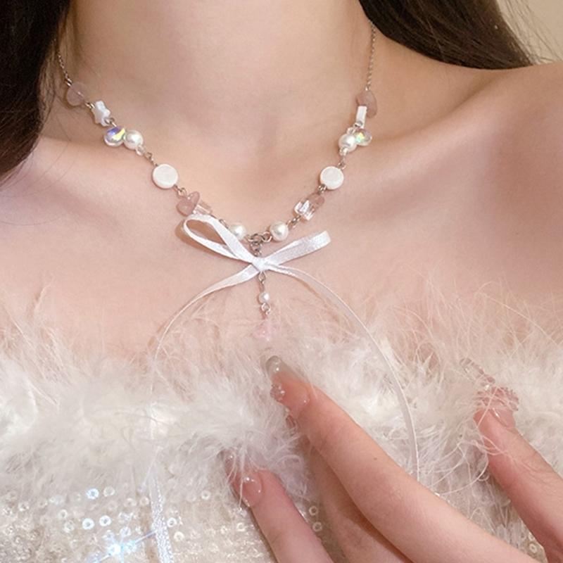 Bohemian Neckchain Bow Beaded Necklace Bowknot Star Pendant Clavicle Chain French Style Collarbone Chain for Women Girls