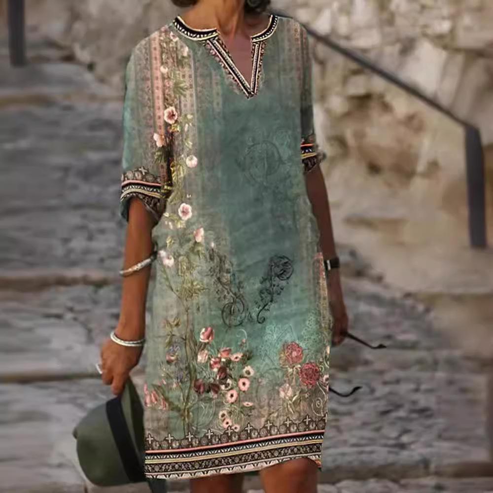 Women's Spring and Summer Famous Style Printed Casual V-Neck Dress