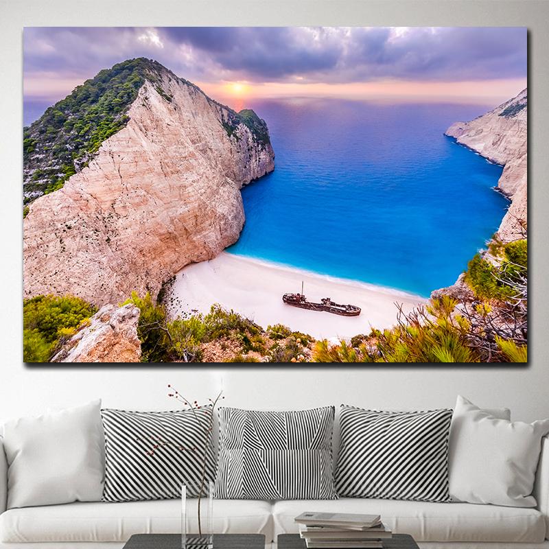 Zakynthos Island Greece Landscape Canvas Painting Navagio Beach Seascape Ocean Posters and Prints Wall Art Wall Decor Cuadros
