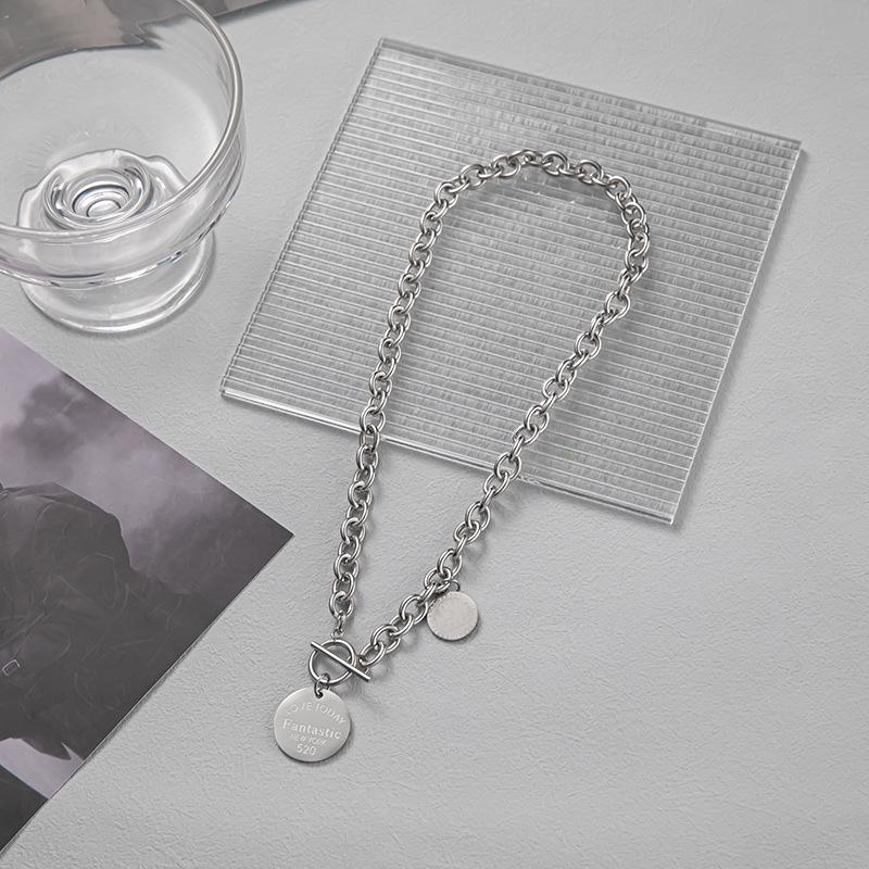 Unisex European & American Hip-Hop Titanium Steel Necklace with Letter Square, OT Buckle, Chain Design.