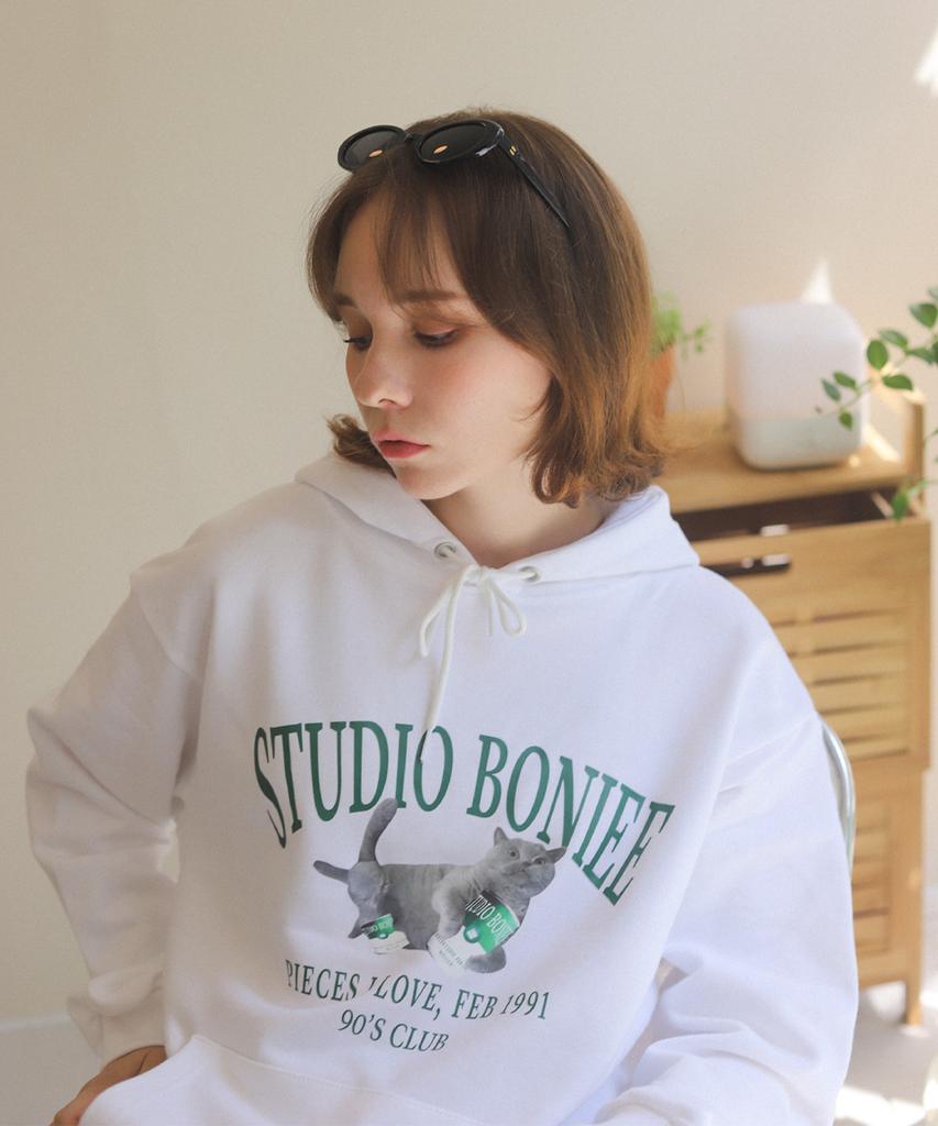 [Fleece Lined] Flying British Cat Cat Graphic Logo Oversized Hoodie White