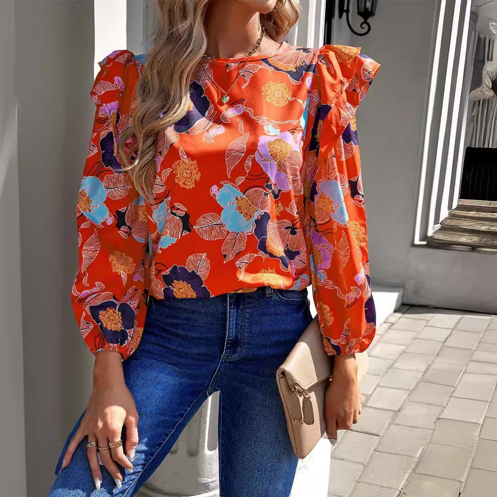 Women Long Sleeve O Neck Pullover Flower Printed Lantern Sleeve Shirt Blouse Top