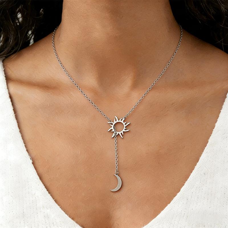 Elegant Long Twisted Sun Moon Stainless Steel Pendant Necklace Women Jewelry 2