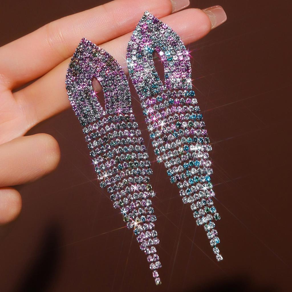 Original Gradual Change Of Color Stud Earrings With Diamonds Exaggerated Earrings Full Of Diamonds Long Earrings