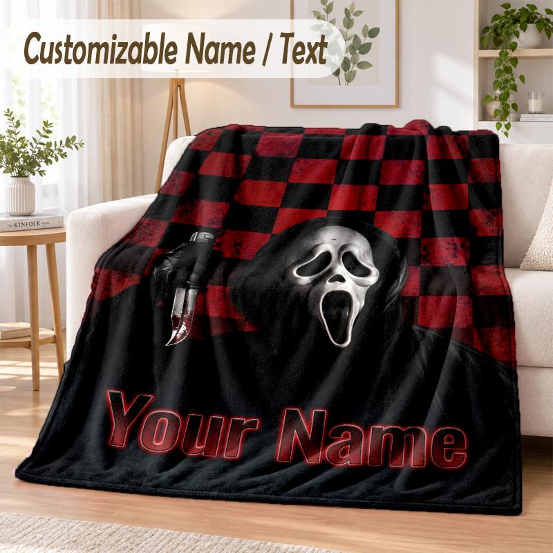 Scream Ghostface Custom Name Flannel Throw Blanket Soft Warm for Sofa Bed Indoor Home Use