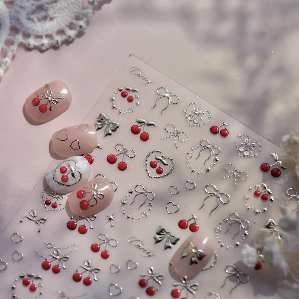 5D Pudding Jelly Dessert Fruit Cherry Pink Claw Print Bowknot Tie Knot Love Heart Stars Nail Art Sticker Adhesive Manicure Decal