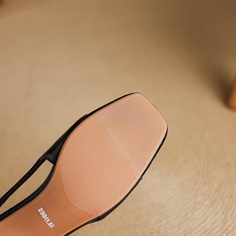 Fashion Women's New Spring/summer Genuine Leather Square Toe Flower Breathable Hollow Middle Heel Color Blocked Single Shoe