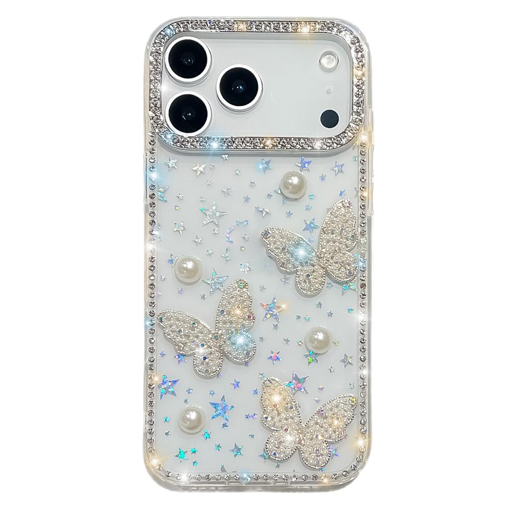 For iPhone 17 Pro Max Case Rhinestone Edge Pearl Butterfly Decor TPU+PC IMD Phone Cover