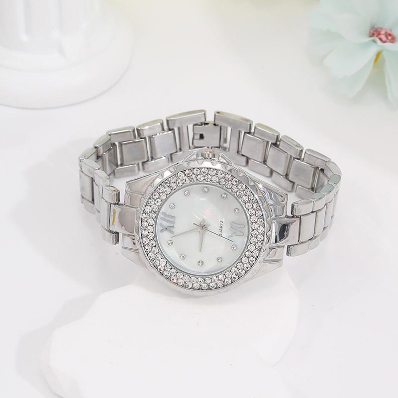 5PCS Personalized Luxury Silver Pointer Quartz Watch Women's Square Pendant Necklace with Diamond Earrings Ring Set for Girls