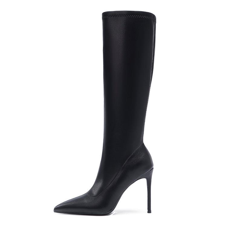 2025 Autumn Black Leather High Heel Over-the-Knee Pointed Toe Boots with Zipper