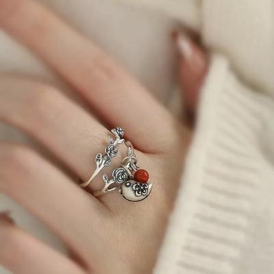 Retro Temperament Double-layer Rose Flower Vine Little Bird Bell Opening Ring for Women Exquisite Stainless Steel Finger Jewelry