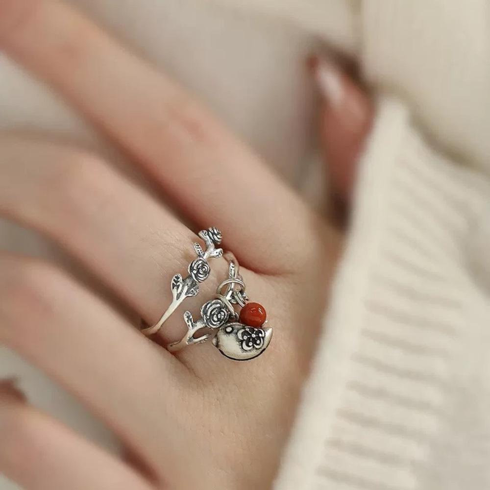 Retro Temperament Double-layer Rose Flower Vine Little Bird Bell Opening Ring for Women Exquisite Stainless Steel Finger Jewelry