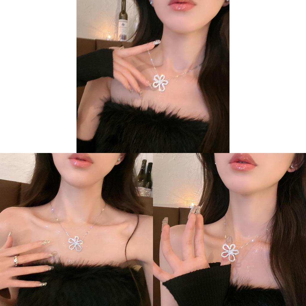 Copper Zircon Flower Pendant Necklace For Women With Sparkling Stone Embellishments