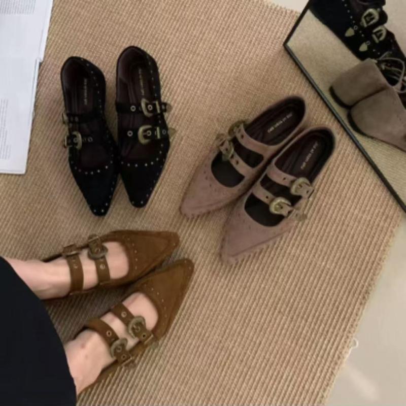French Vintage Studded Single Shoes New Belt Buckle Pointed Toe Shallow Mouth Mary Jane Flat Single Shoes