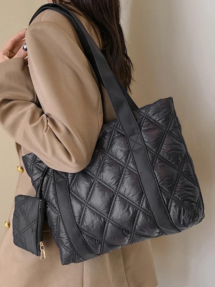 Diamond Lattice Women's Shoulder Bag Large Capacity Ladies Tote Bags Soft Cloth Female Portable Underarm Bag Commute Handbags