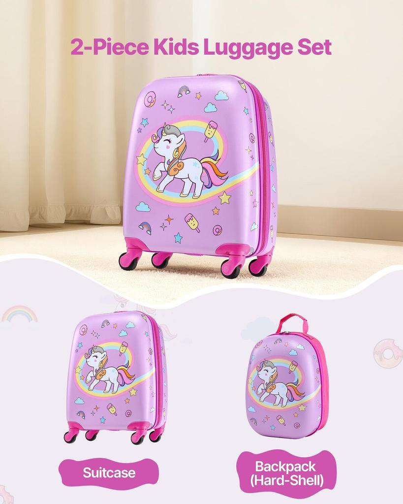 Kids Luggage Set, 2 Piece, 45.7 cm Hardside Rolling Wheels Suitcase with Hard-Shell Backpack, Unicorn Kids Carry on Luggage Set, Holiday Birthday Gift