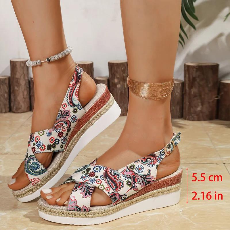 Fashion Bohemian Cross Strap Platform Sandals Women Retro Soft Sole High Heel Sandal Woman Summer Plus Size Open Toe Sandalias Mujer