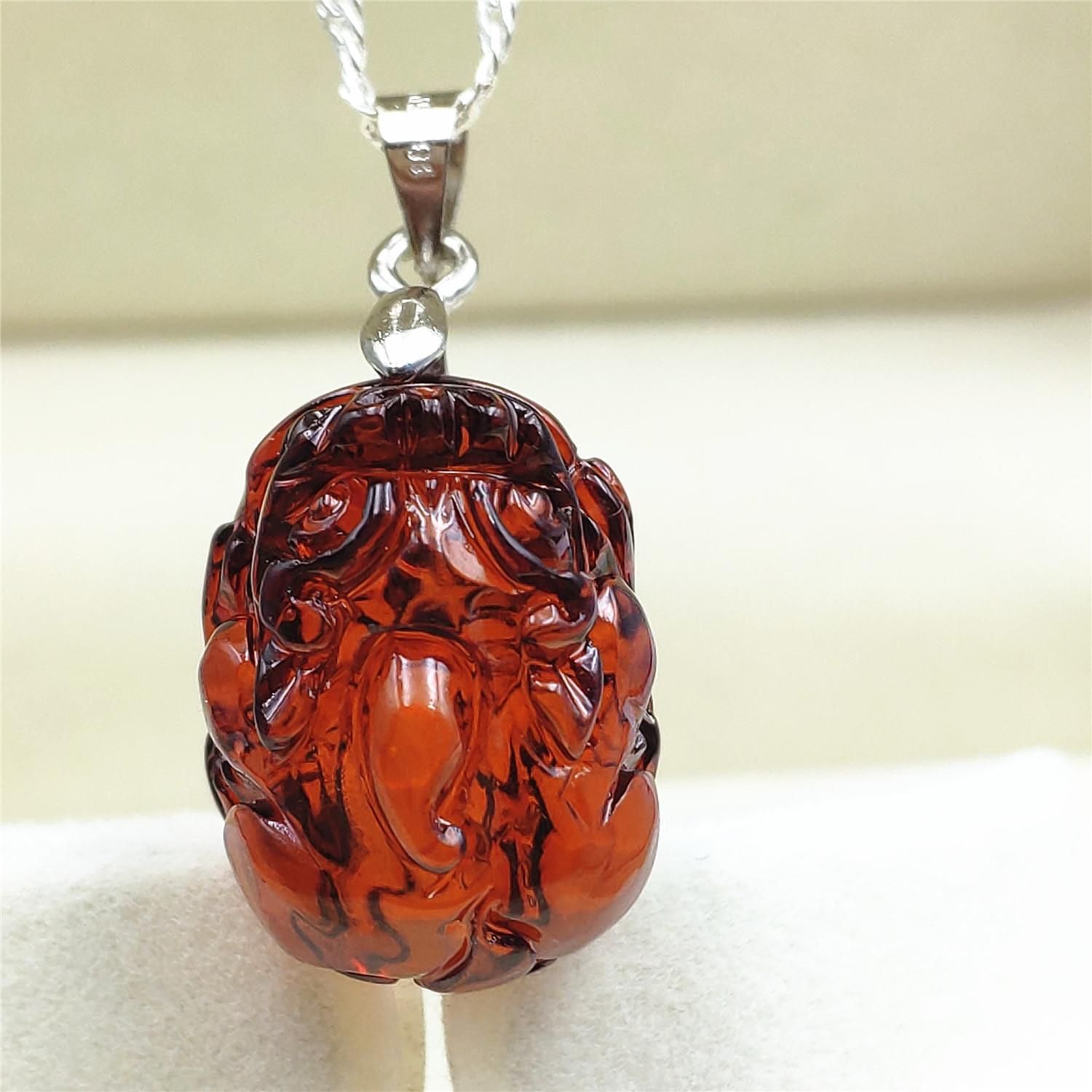 Natural Blood Red Amber Pi Xiu Carved Pendant Necklace Red Amber Pendant Gemstone 18x14x11mm Women Men Crystal Red Amber AAAAA