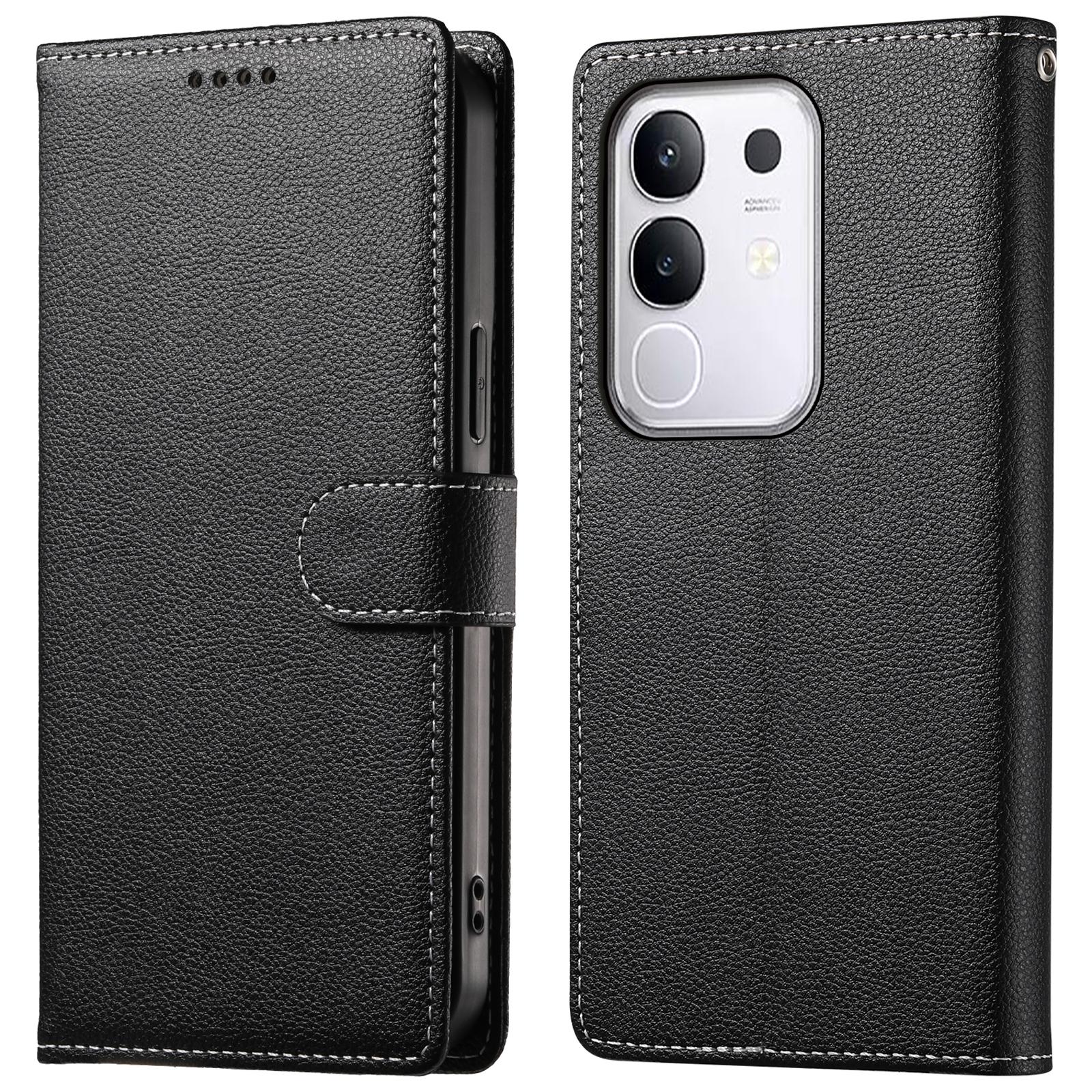 

For vivo Y29 4G Stand Case Litchi Texture Leather Wallet Phone Cover Magnetic Snap Black