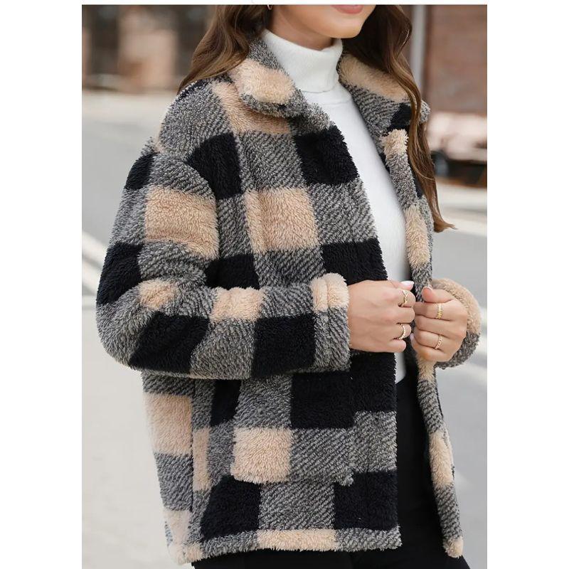 

Checkered Jacket2024 European and American Women s Plaid Plush All-Match Long sleeve Winter Fashion Casual Outerwear Khaki XXL