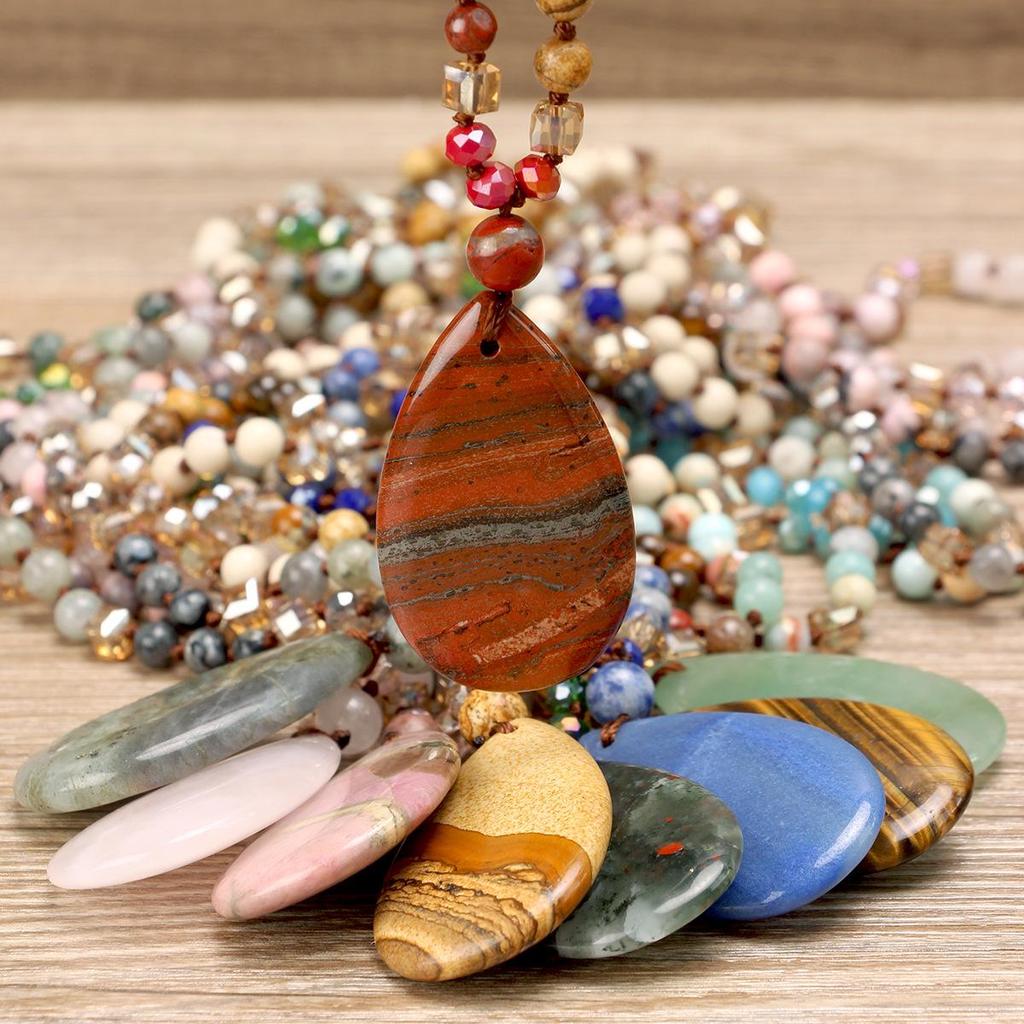 Women's Pink Crystal & Colorful Agate Water Drop Necklace: Handmade Knotted Sweater Chain with European and American Style