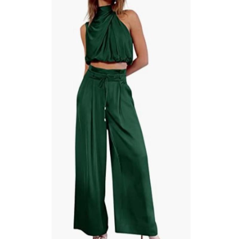 Zweiteiliges Hosenset für Damen, Damen-Outfit, Seide, plissierte Textur, ärmelloses Oberteil, Hose mit weitem Bein, passende Sommersets S dunkelgrüne