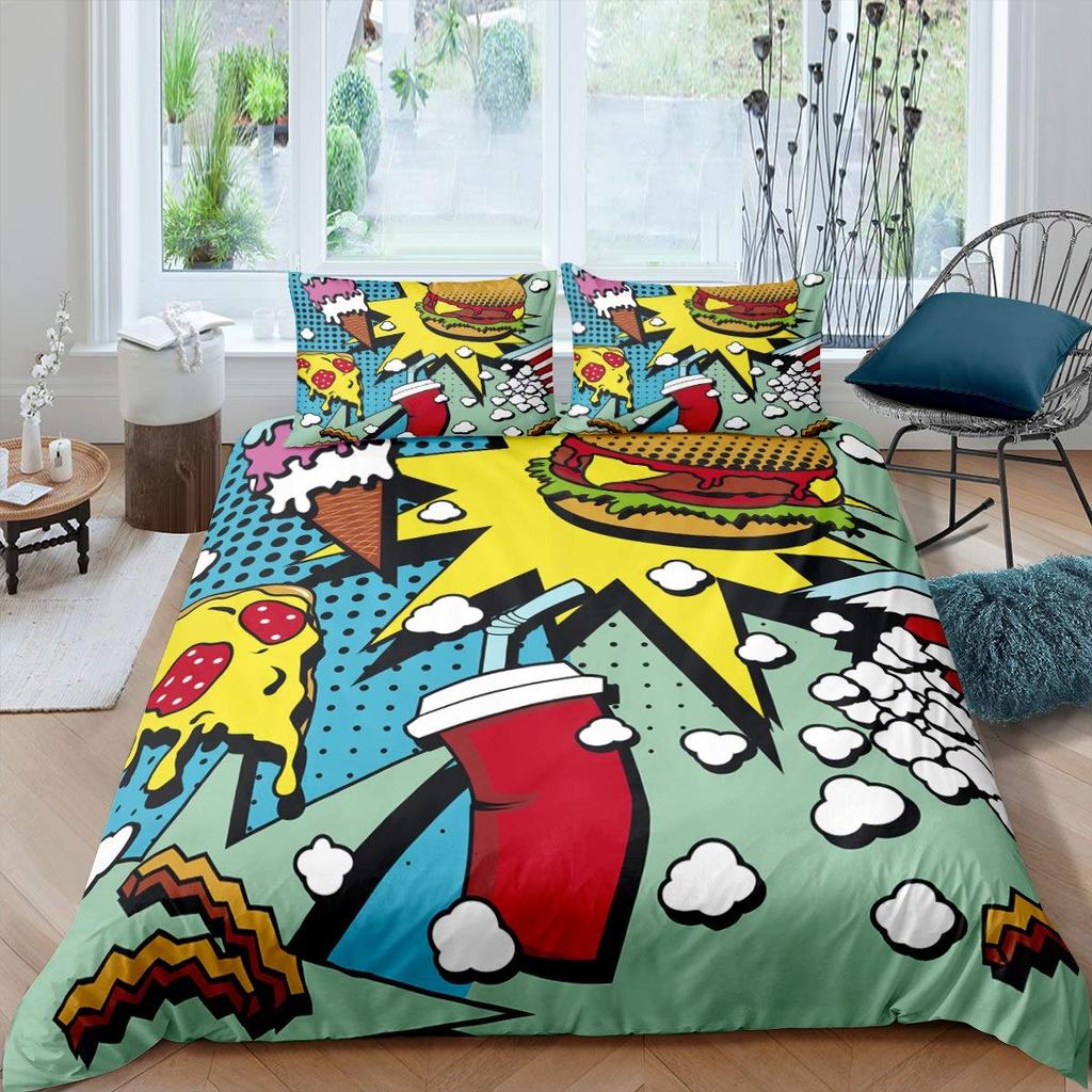Pizza Duvet Cover Burger Fries Donuts Comforter Cover Microfiber Fast Food Bedding Set Queen/King American Breakfast Quilt Cover