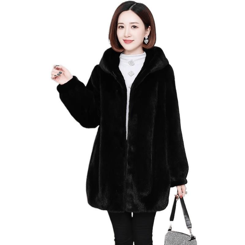 Autumn and winter new imitation mink velvet imitation leather coat loose imitation mink coat women's hooded long