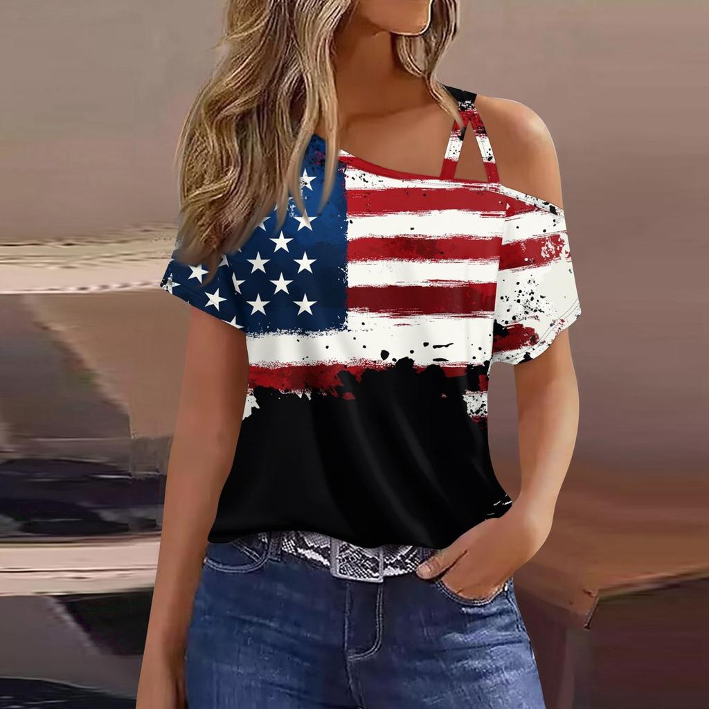 Women's Fashion Casual Independence Day Print Sexy Cold Shoulder Short Sleeve T-shirt Top