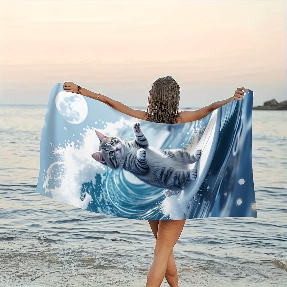 Funny Surfing Cat Microfiber Beach Towel 1 Piece Set 2D Flat Printed Sandproof Waterproof Holiday Sea Surf Sunbed Lounger Towel