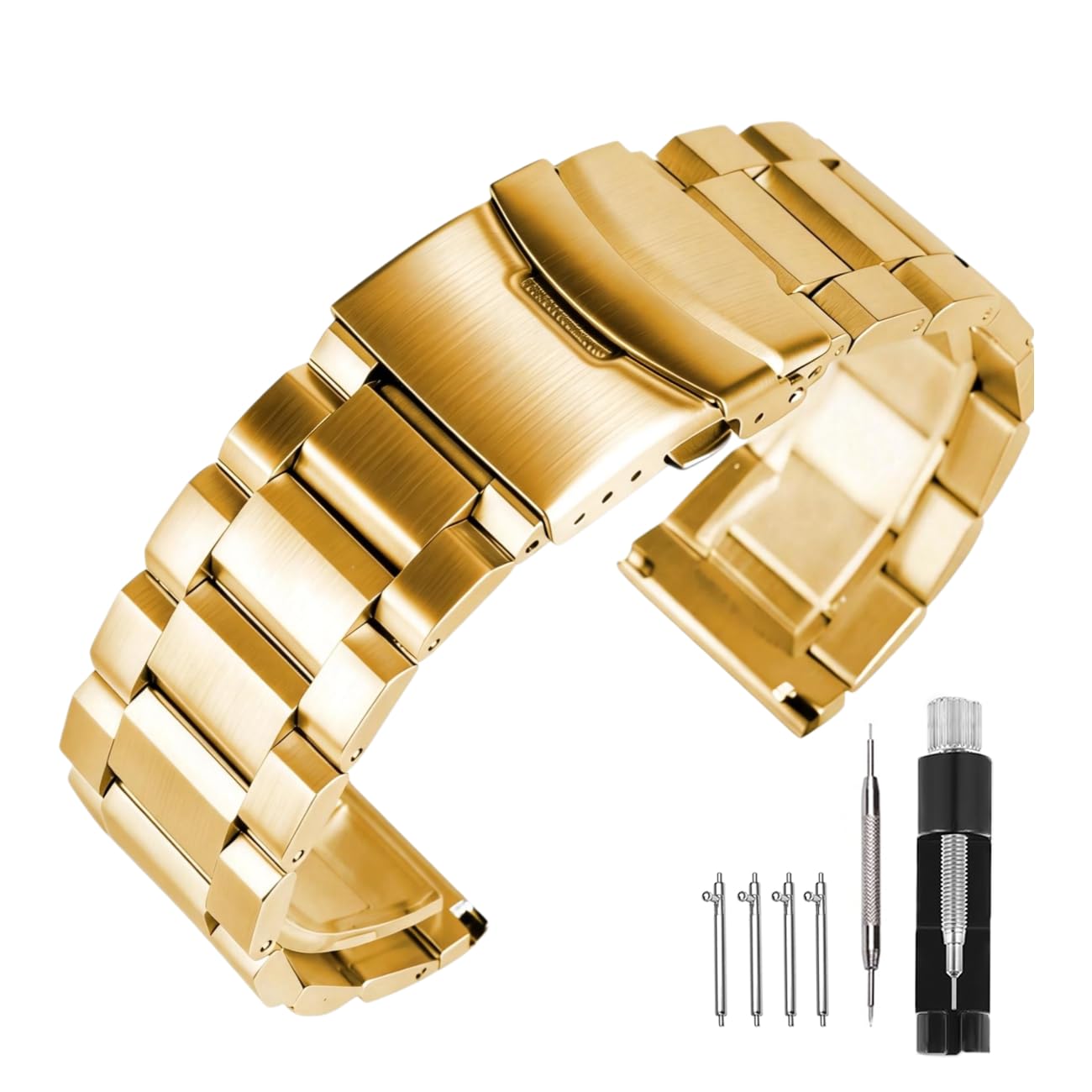 [Kai Tian] 20mm Stainless Steel Watch Band, Gold Quick-Release 3-Row Design, Unisex Watch Band