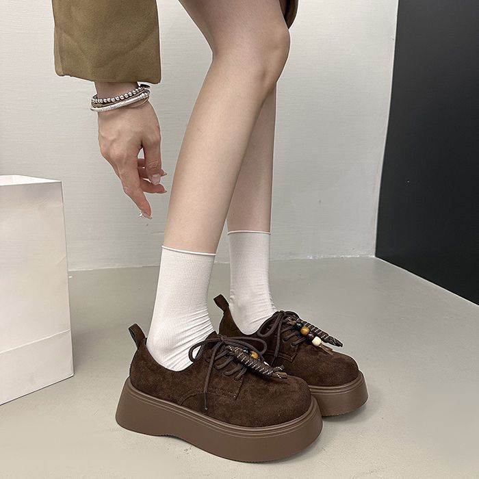 Fashion Lace-up Women's Loafers, Muffin Soles, Retro Round Head Thick Soles, Not Tired Feet, Single Shoes 2025 Autumn and Winter New Models