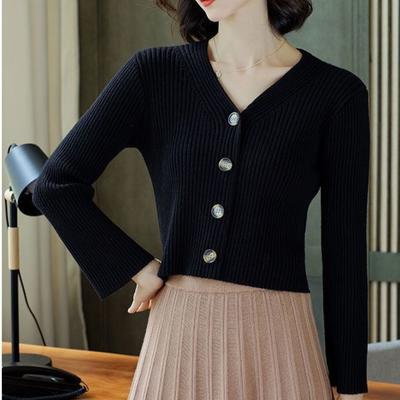 Spring Autumn Women's Short Cardigan Casual Solid Color Slim-fit Knitted Cardigan V-neck Long-sleeve Knitted Top