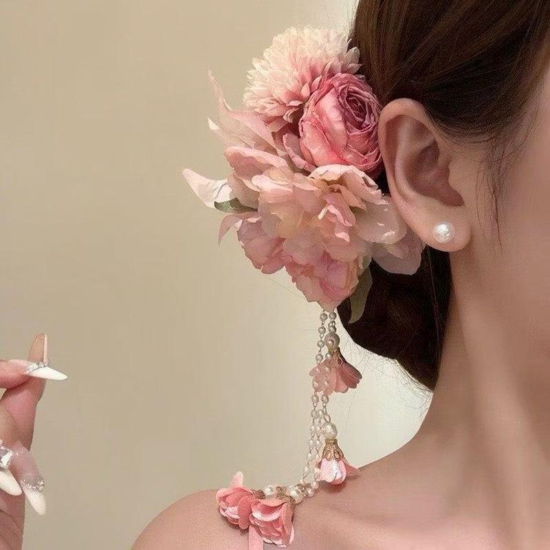 Elegant Pink Fairy Tassel Flower Hair Clip – Sweet Vacation Style Duckbill Accessory