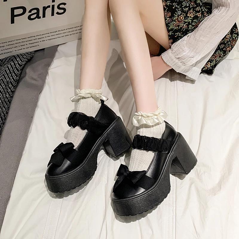 Moda Nowe Damskie Wysokie Obcasy Okrągły Nosek Grube Obcasy Wygodne Damskie Buty Mary Jane Retro Mokasyny
