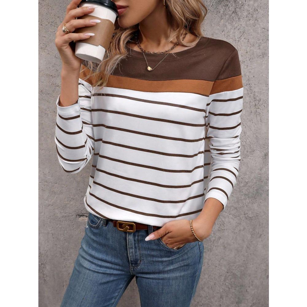 Striped Color-Block 3D Printed Long-Sleeve T-Shirt, Casual Women's Wear, Fashionable, Loose and Comfortable Slim-Fit Top