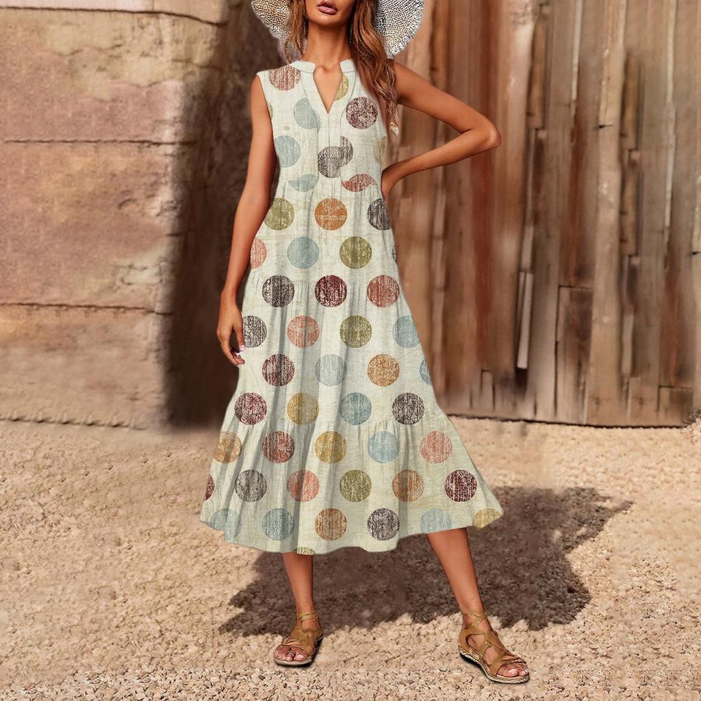 Women's Casual And Fashionable V-neck Sleeveless Printing Mid Length Dress
