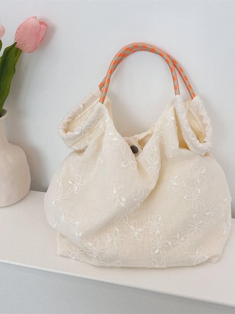 Stylish Summer Thin Embroidered Floral Tote Bag For Commuting Soft Canvas Handbag