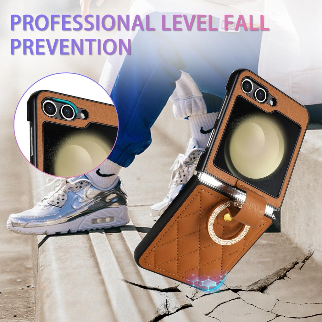 Luxury Ring Buckle Holder Leather Diamond Case For Samsung Galaxy Z Flip 6 5 4 3 5G Flip6 Flip5 Shockproof Phone Cover Fundas
