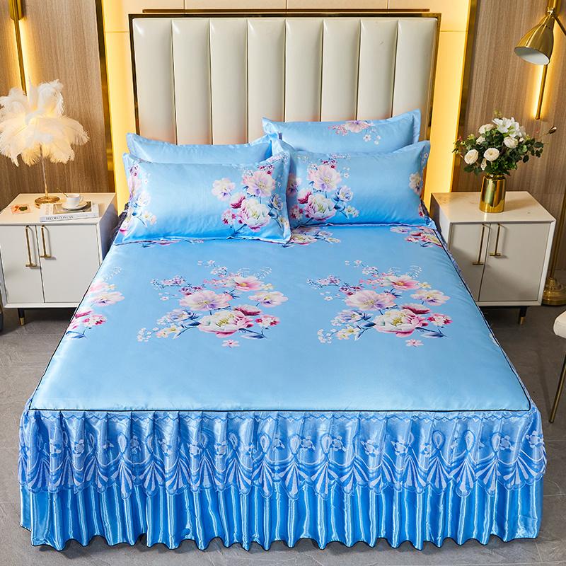 Pink Flowers Lace Bed Skirt Set Summer Ice Silk Smooth Comfortable Bedspread with Pillowcases Luxury Queen King Size Bedding Set