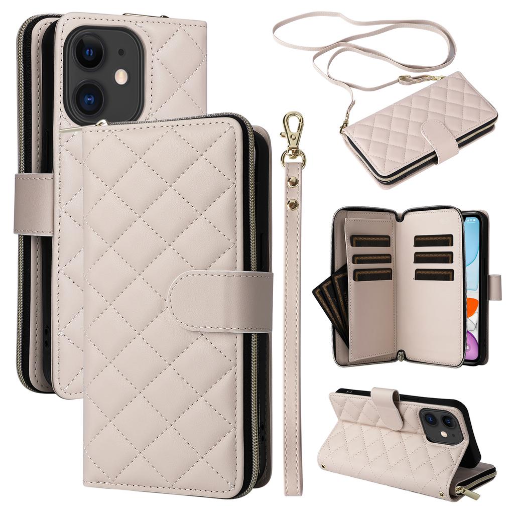 For iPhone 11 Case Leather Zipper Wallet Rhombus Phone Cover with Shoulder Lanyard