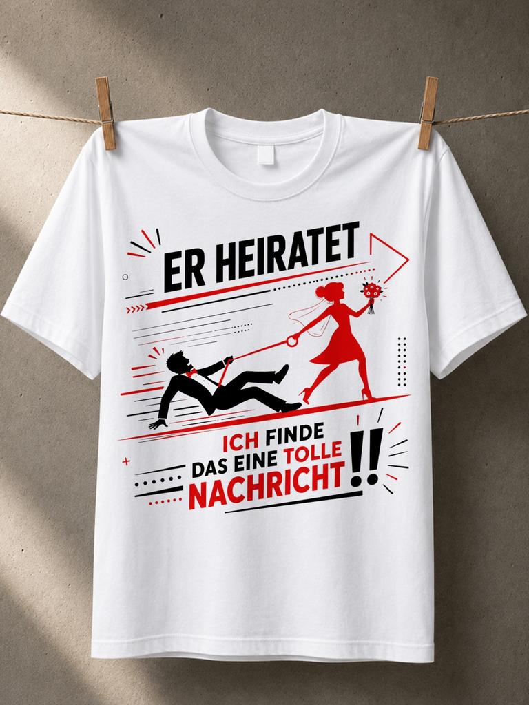 Er Heiratet With Bride Dragging Groom Silhouette Bold Gerunisex Message And Red Bachelor Party Arrow Unisex All TShirt