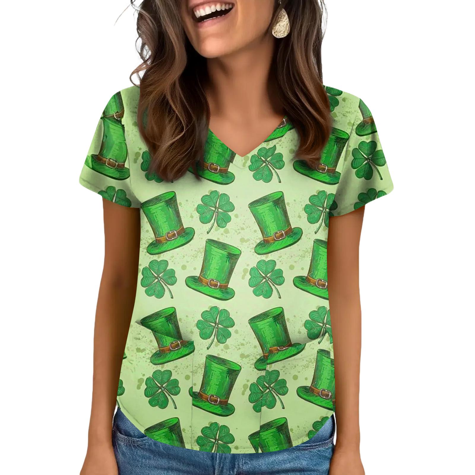 

Женский топ с V-образным вырезом, принтом ко Дню святого Патрика, короткими рукавами, карманом и боковыми разрезами XL