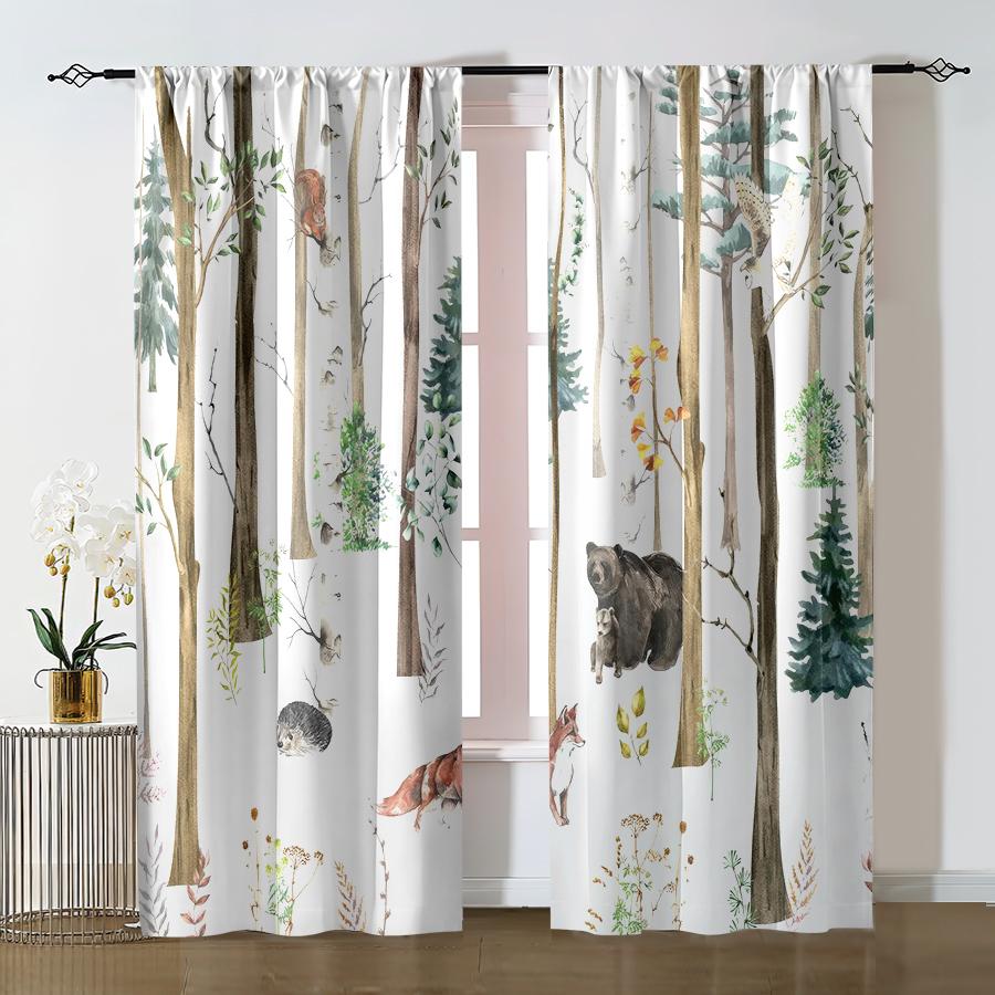 2pcs Snowforest animal curtains with pole bag design   privacy protection   suitable for decoration in various scenes